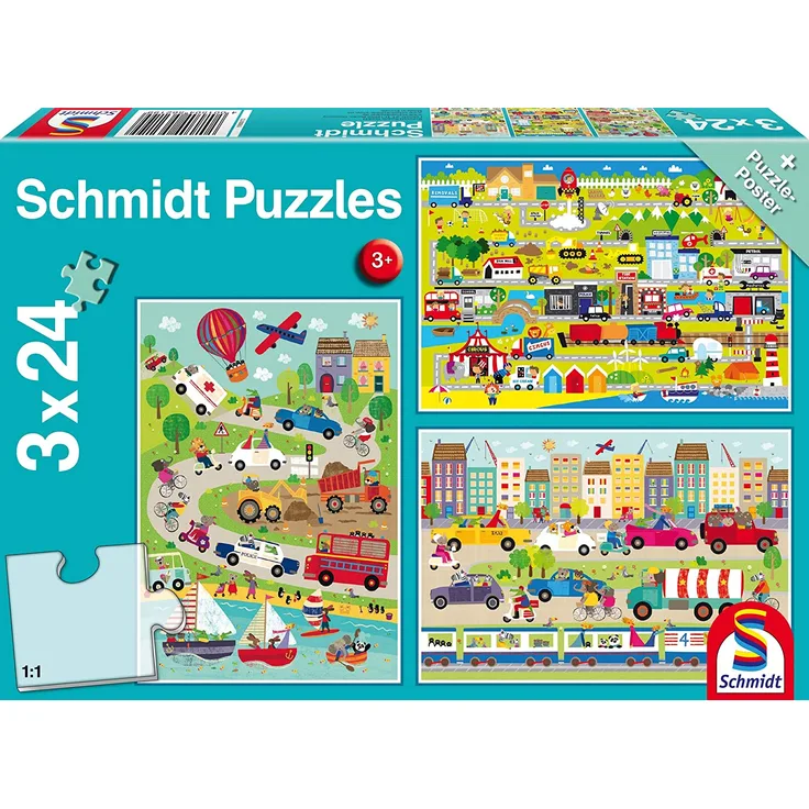 Schmidt Spiele Puzzle 56219 - Standard 3 x 24 Teile Bunte Welt der Fahrzeuge