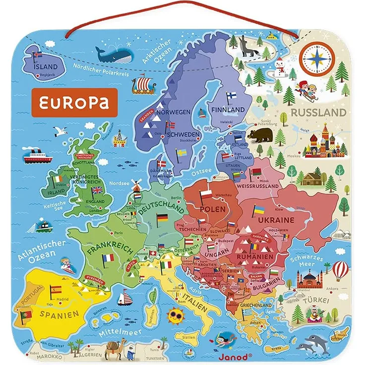 Janod Magnetisches Puzzle Europakarte-Pädagogisches Holzpuzzle zum Lernen der Geographie-Europareise mit 40 Magneten-Zum Aufhängen an der Wand-Deutsche Version-Ab 7 Jahren, J05473