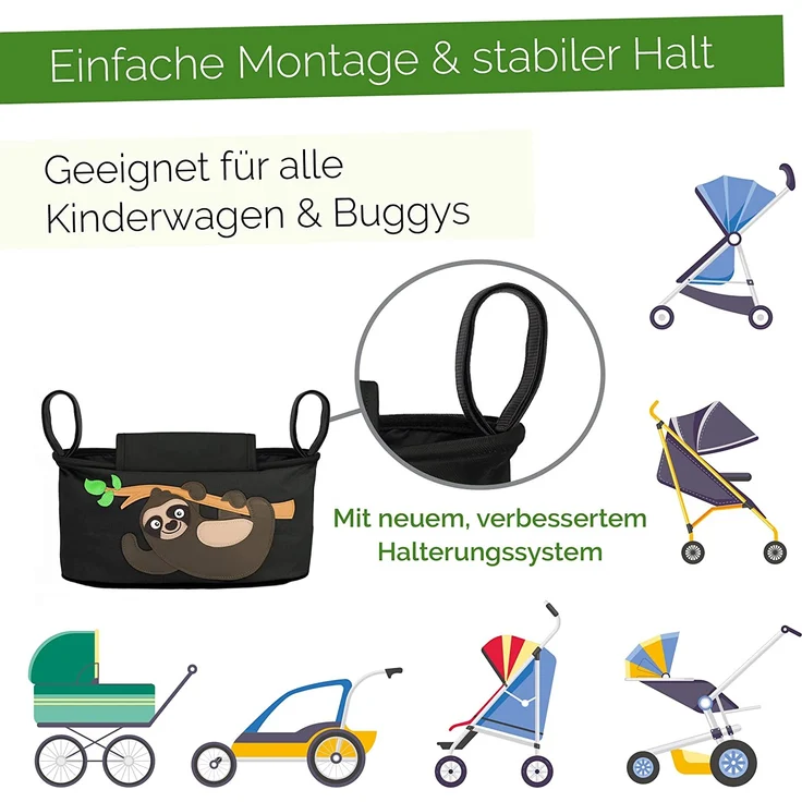 GLÜCKSWOLKE Kinderwagen Organizer - 12 Motive I Kinderwagentasche verschließbar I Kinder Buggy Tasche mit Feuchttuchspender I Baby Stroller Bag Black I Aufbewahrungstasche (Fannie Faultier I schwarz) – Bild 4