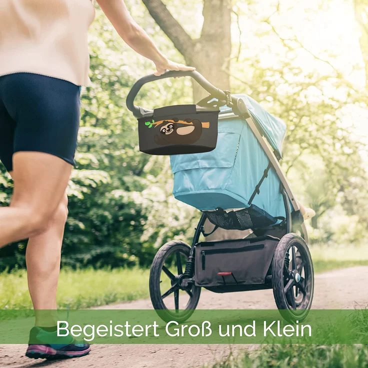 GLÜCKSWOLKE Kinderwagen Organizer - 12 Motive I Kinderwagentasche verschließbar I Kinder Buggy Tasche mit Feuchttuchspender I Baby Stroller Bag Black I Aufbewahrungstasche (Fannie Faultier I schwarz) – Bild 5