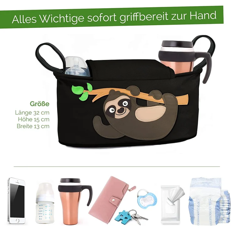 GLÜCKSWOLKE Kinderwagen Organizer - 12 Motive I Kinderwagentasche verschließbar I Kinder Buggy Tasche mit Feuchttuchspender I Baby Stroller Bag Black I Aufbewahrungstasche (Fannie Faultier I schwarz) – Bild 3