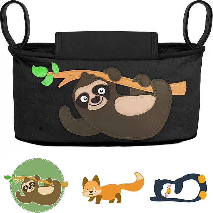 GLÜCKSWOLKE Kinderwagen Organizer - 12 Motive I Kinderwagentasche verschließbar I Kinder Buggy Tasche mit Feuchttuchspender I Baby Stroller Bag Black I Aufbewahrungstasche (Fannie Faultier I schwarz) – Bild 1