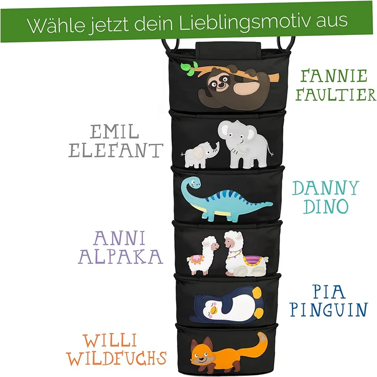 GLÜCKSWOLKE Kinderwagen Organizer - 12 Motive I Kinderwagentasche verschließbar I Kinder Buggy Tasche mit Feuchttuchspender I Baby Stroller Bag Black I Aufbewahrungstasche (Fannie Faultier I schwarz) – Bild 8