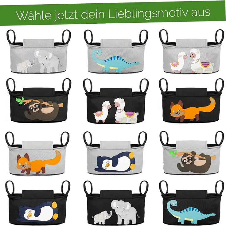 GLÜCKSWOLKE Kinderwagen Organizer - 12 Motive I Kinderwagentasche verschließbar I Kinder Buggy Tasche mit Feuchttuchspender I Baby Stroller Bag Black I Aufbewahrungstasche (Fannie Faultier I schwarz) – Bild 7