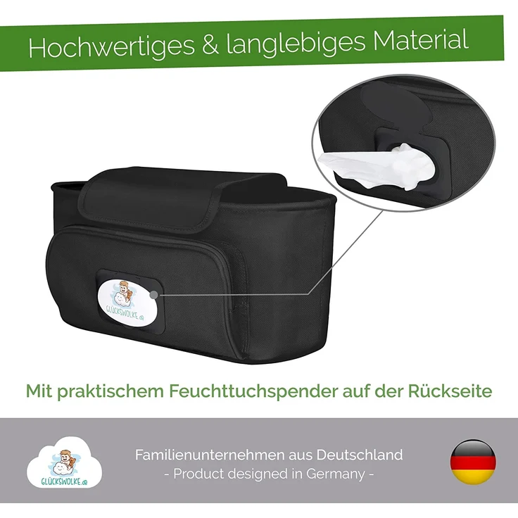 GLÜCKSWOLKE Kinderwagen Organizer - 12 Motive I Kinderwagentasche verschließbar I Kinder Buggy Tasche mit Feuchttuchspender I Baby Stroller Bag Black I Aufbewahrungstasche (Fannie Faultier I schwarz) – Bild 6