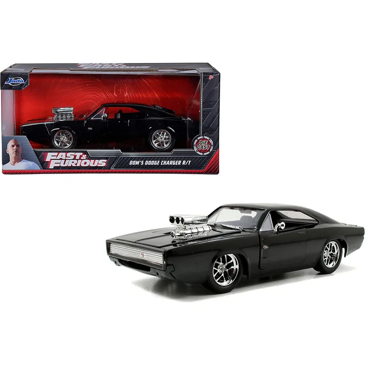 Jada Toys Fast & Furious Dom's 1970 Dodge Charger R/T, Auto, Spielzeugauto aus Die-cast, öffnende Türen, Kofferraum & Motorhaube, Maßstab 1:24, glänzend schwarz