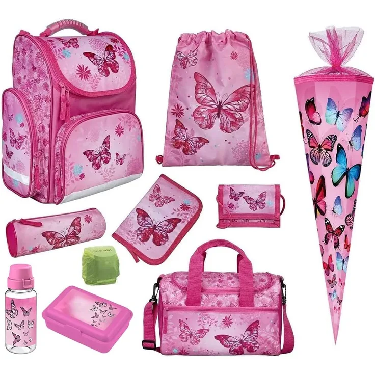 Mädchen Schulranzen 1. Klasse Tornister BUTTERFLY SCHMETTERLINGE 10-teiliges Set mit Sporttasche und Schultüte 85cm