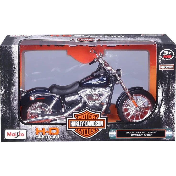 Maisto Harley-Davidson FXDBI Dyna Street Bob ´06: Motorradmodell 1:12, mit Lenkung, beweglichem Ständer und frei rollenden Rädern, 17 cm, blau (532325) – Bild 5