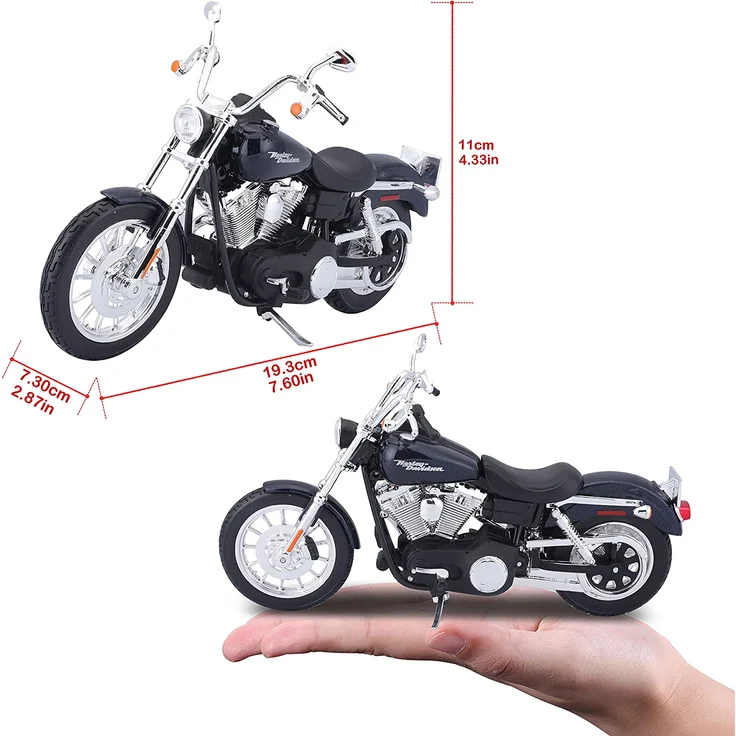 Maisto Harley-Davidson FXDBI Dyna Street Bob ´06: Motorradmodell 1:12, mit Lenkung, beweglichem Ständer und frei rollenden Rädern, 17 cm, blau (532325) – Bild 4