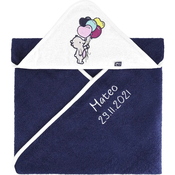 Be Mammy Kapuzenhandtuch Babyhandtuch aus Baumwolle bestickt mit Name und Geburtsdatum Oeko-Tex Standard 100 100cm x 100cm BE20-281-BBL (Dunkelblau - Bär)