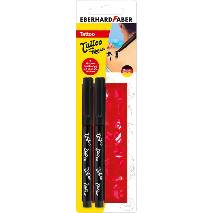 Eberhard Faber 559597 - Tattoostifte Set mit 2 Markern und 4 Schablonen, Schriftfarbe schwarz, im Etui, abwaschbar, dermatologisch getestet, zur kreativen, temporären Gestaltung der Haut