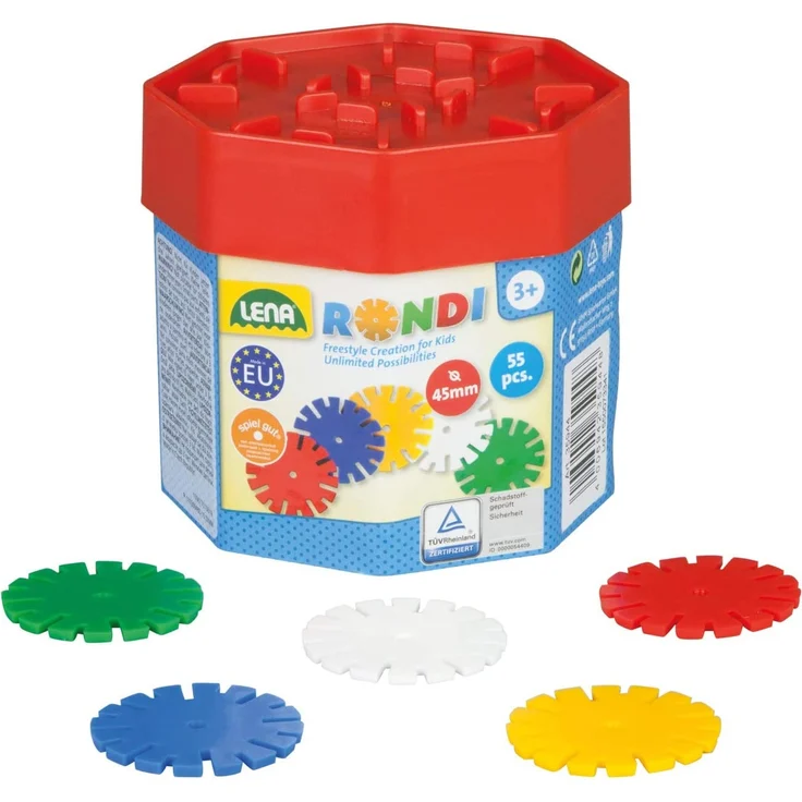 Lena 35946 Steckspiel Rondi 45 in Baudose, 55 Teile in bunten Farben, ca. 45 mm, Konstruktionsspielzeug mit Steckteilen, Mehrfarbig – Bild 1