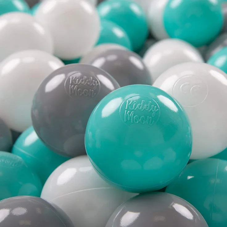 KiddyMoon 300 ∅ 7Cm Kinder Bälle Spielbälle Für Bällebad Baby Plastikbälle Made In EU, Weiß/Grau/Helltürkis