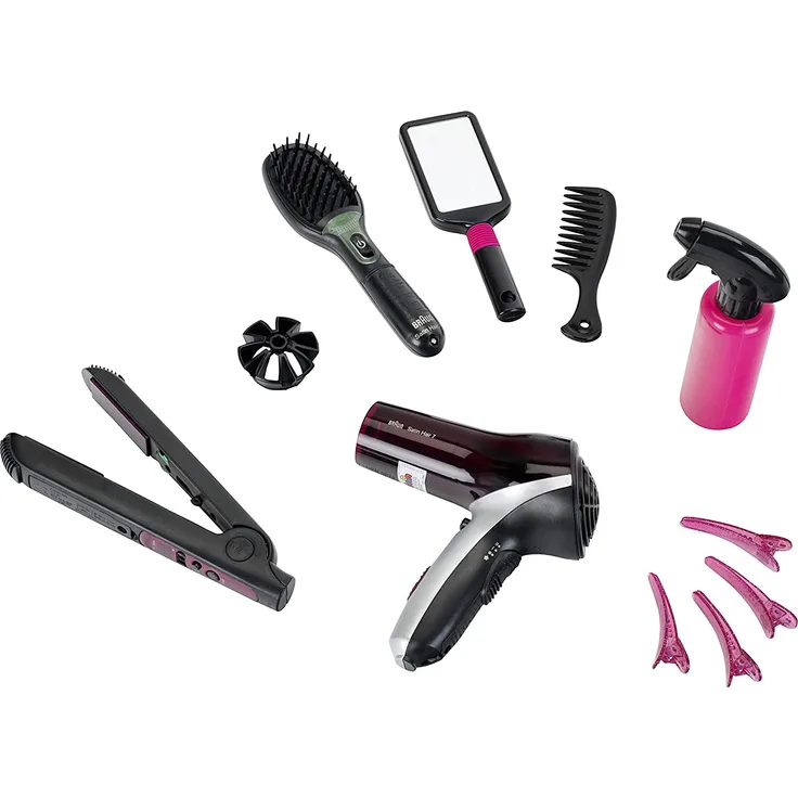 Theo Klein 5873 Braun Satin Hair 7 Mega Set I Mit Haarglätter, Bürste und vielem mehr I Batteriebetriebener Fön I Verpackungsmaße: 49,5 cm x 8 cm x 26 cm I Spielzeug für Kinder ab 3 Jahren