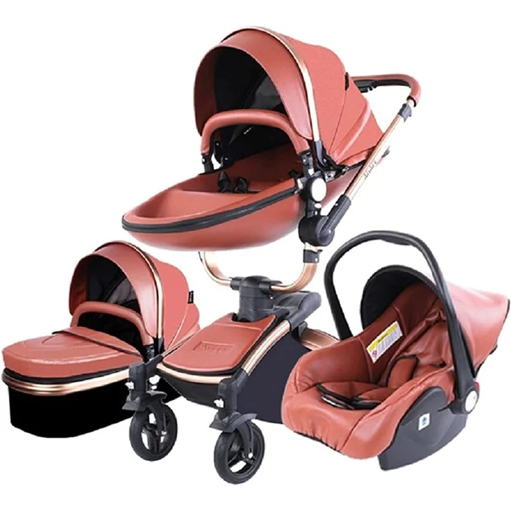 3 in 1 Kombikinderwagen Kinderwagen 3-in-1 Dreirad Lauflernhilfe Hochlandschaft Kinderwagen Faltbarer Kinderwagen Babywagen Babywagen für Baby 0-36 Monate (Braun) – Bild 1