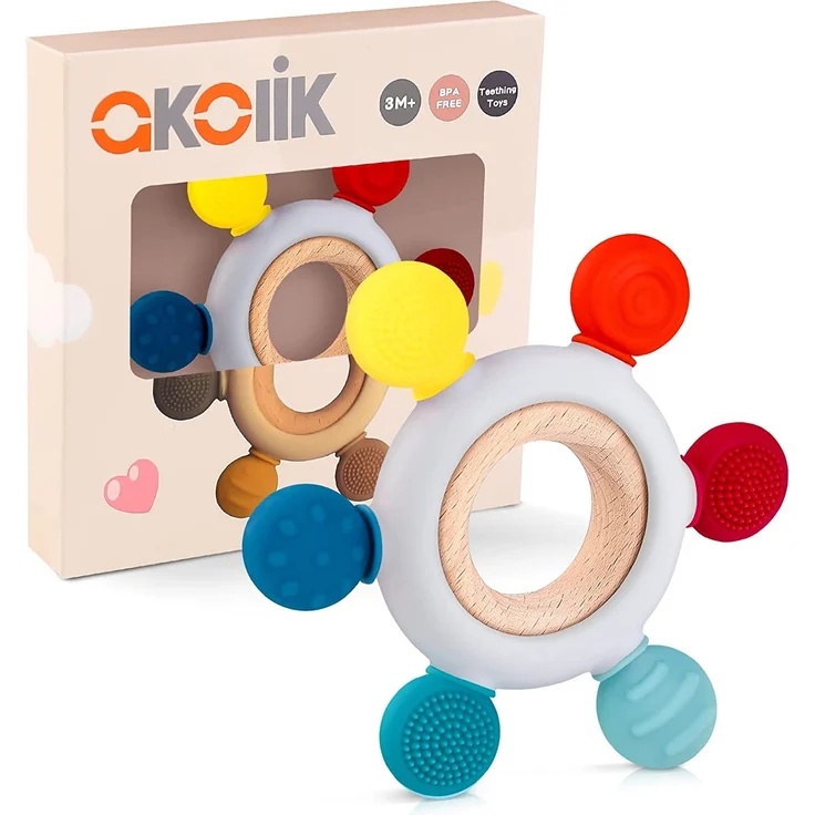 akolik Beißring für Babys, Baby Zahnen Spielzeug Beißring aus Silikon, Ruder Greifling Beißspielzeug, BPA-frei Zahnen Nursing Zubehör für 3+ Monate Babys Kleinkinder – Bild 1