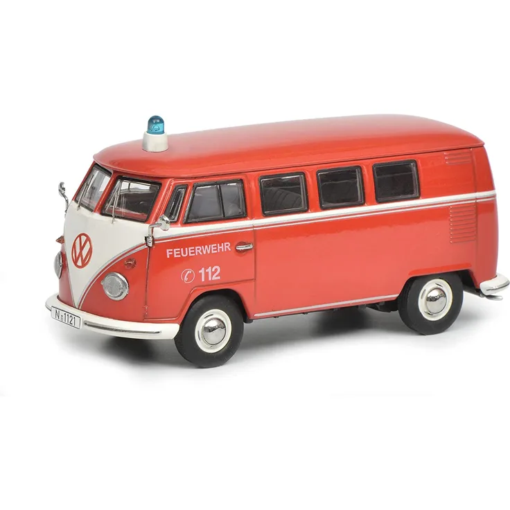 Schuco 450368800 VW T1 Bus Feuerwehr, mit Blaulicht, Modellauto, 1:43, weiß/rot