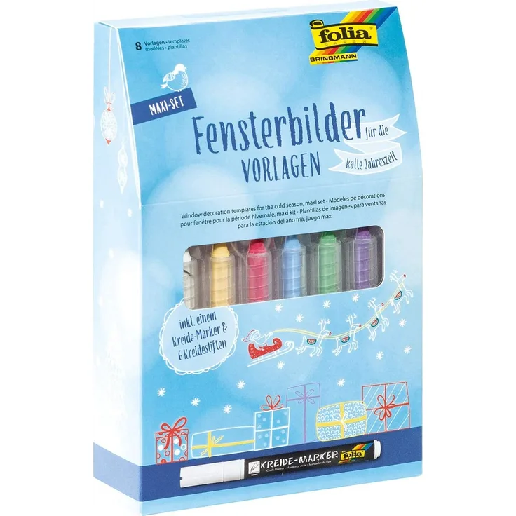 folia 39229 - Maxi-Set Fensterbilder für die kalte Jahreszeit, inkl. 8 Malvorlagen, 1 Kreidemarker und 6 Kreidestiften