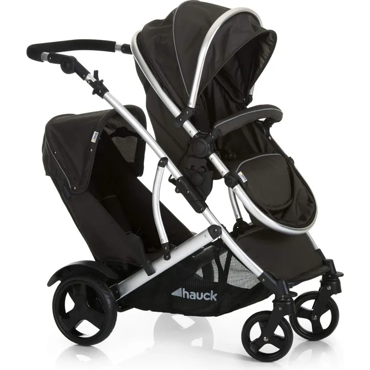 Hauck Geschwister Kinderwagen Duett 2 / Buggy für 2 Kinder / Sitz Oben Umbaubar in Baby Wanne für Neugeborene/ Regen Verdeck inkl. / Belastbar bis 36 kg / Faltbar / 1 Stück (1er Pack), Forest Schwarz