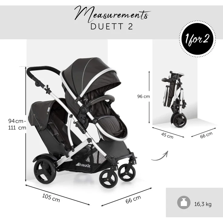 Hauck Geschwister Kinderwagen Duett 2 / Buggy für 2 Kinder / Sitz Oben Umbaubar in Baby Wanne für Neugeborene/ Regen Verdeck inkl. / Belastbar bis 36 kg / Faltbar / 1 Stück (1er Pack), Forest Schwarz – Bild 8