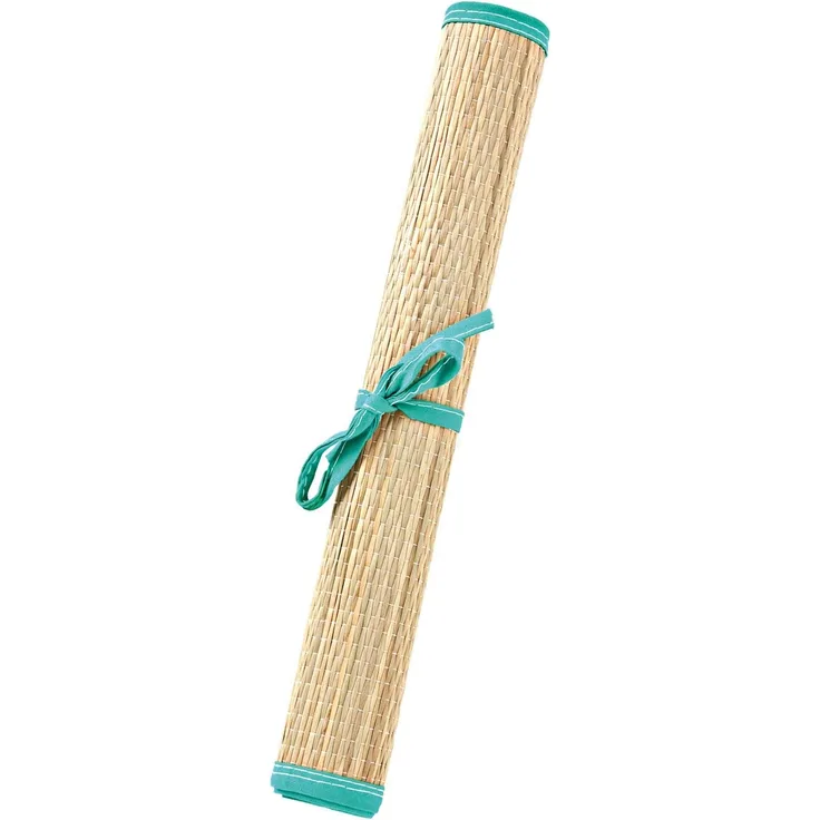 Heless 888 - Strandmatte für Puppen, aus Bast, mit türkisblauer Stoffeinfassung, zusammenrollbar, ca. 30 x 58 cm