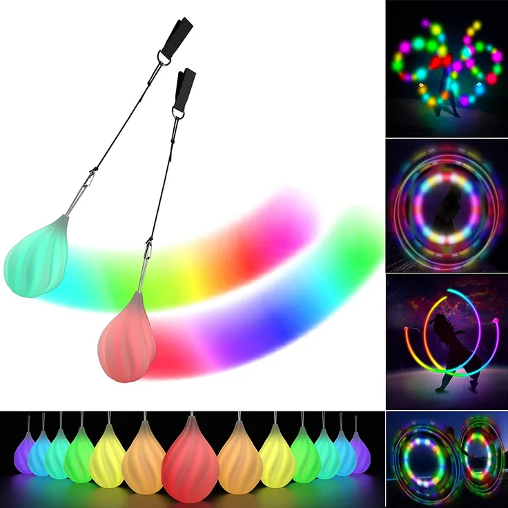 Papi Dada LED POI Bälle - Verbesserte POI Jonglierbälle, Zirkusartikel Spielzeug Set für Anfänger und Profis, Kinder und Erwachsene, Regenbogen Farben und Strobe-Effekt, 1x Paar Glühende POI Bälle