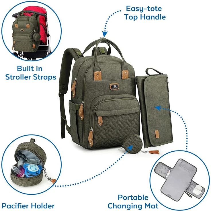 Dikaslon Wickeltasche Rucksack Großer Wickelrucksack mit Multifunktions-Babytaschen (Armeegrün) – Bild 2