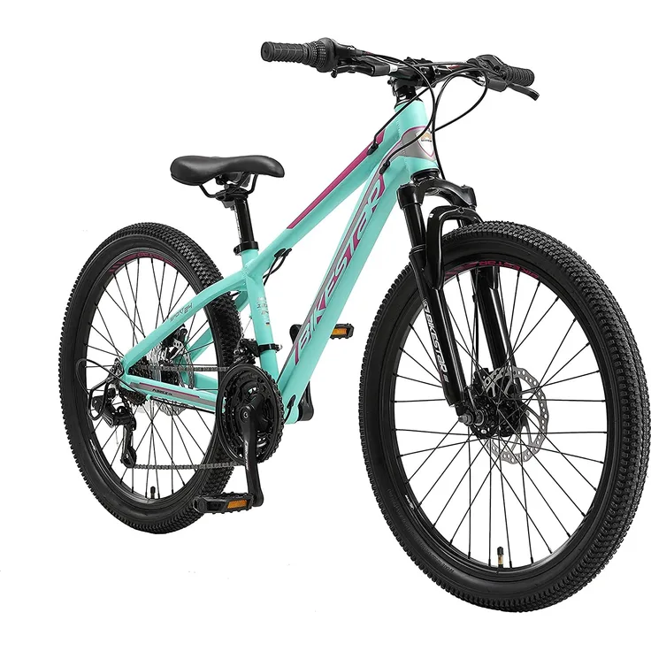BIKESTAR Kinder Jugend Mountainbike 24 Zoll ab 9 Jahre | 21 Gang Hardtail MTB Sport Scheibenbremse Federgabel | Mint Pink