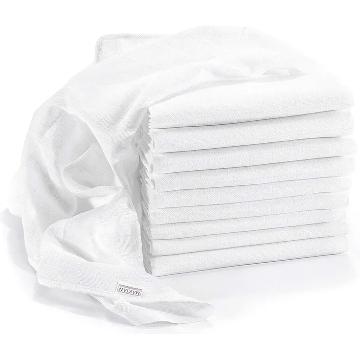 MAKIAN Mullwindeln/Spucktücher - 10er Pack, 80x80 cm, Oeko-TEX® Standard 100 geprüft, Premium Qualität - doppelt gewebte Stoffwindeln/Mulltücher mit verstärkter Umrandung, Kochfest - Weiß