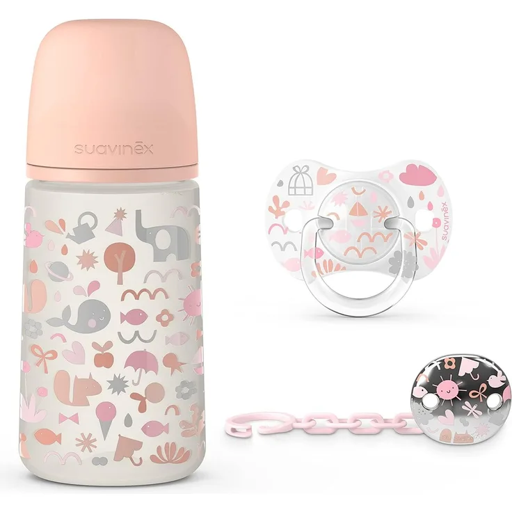Suavinex, Pack für Neugeborene Sx Pro 0-6 Monate. Enthält: Anti-Kolik-Babyflasche 270 ml mittlerer Nahrungsfluss + Sx Pro Physiologischer Silikon-Sauger + Schnullerkette. 3 Produkte. Memories Rosé