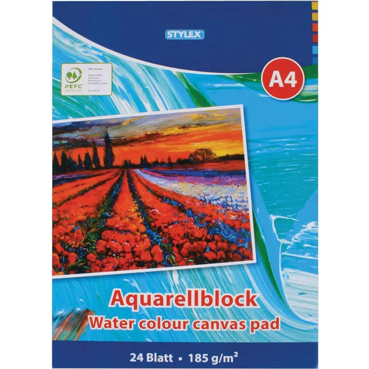 Stylex 28690 - Aquarellblock DIN A4, 24 Blatt 185 g/m², mit Kopfleimung, ideal für Amateur- und professionelle Künstler gleichermaßen