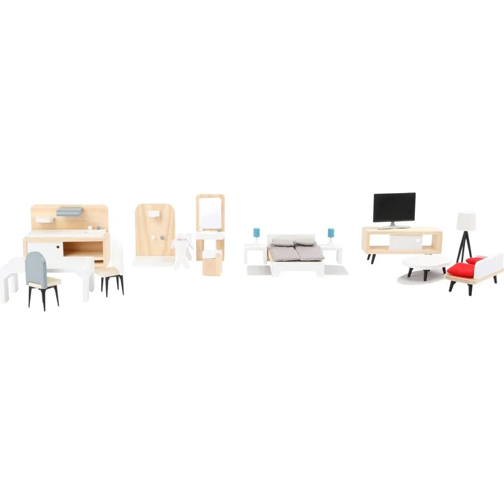 small foot 11414 Puppenhausmöbel Komplett-Set aus Holz, Wohnzimmer, Küche, Schlafzimmer und Badezimmer, ab 3 Jahren – Bild 1