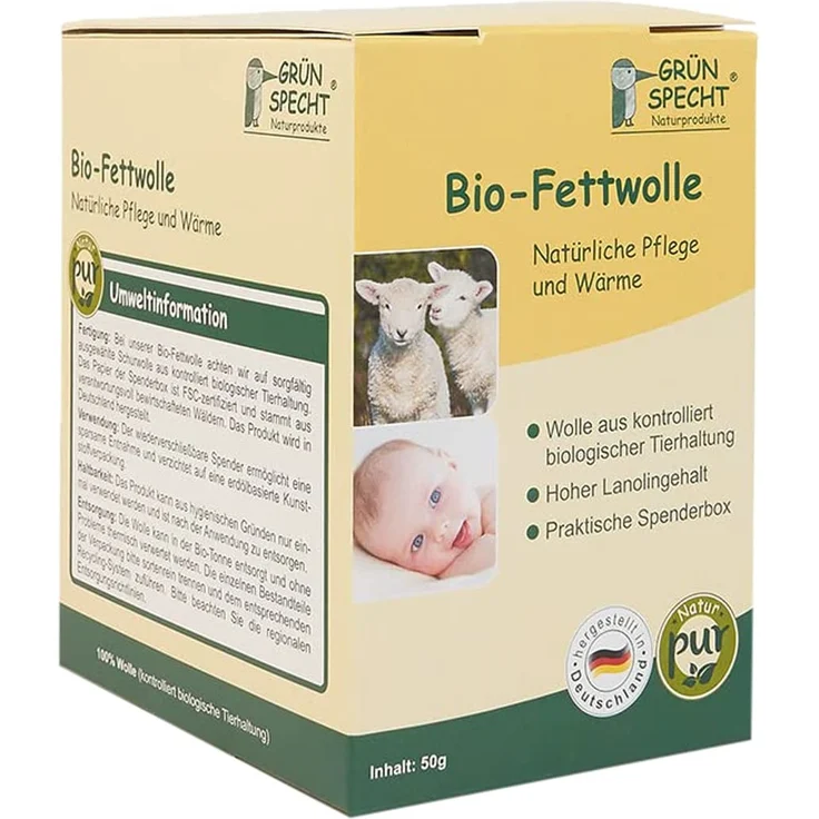 GRÜNSPECHT Bio-Fettwolle zur Pflege empfindlicher Babypopos und beanspruchter Brustwarzen, Schafwolle mit hohem Lanolingehalt, wiederverschließbare Spenderbox (638-00) – Bild 1