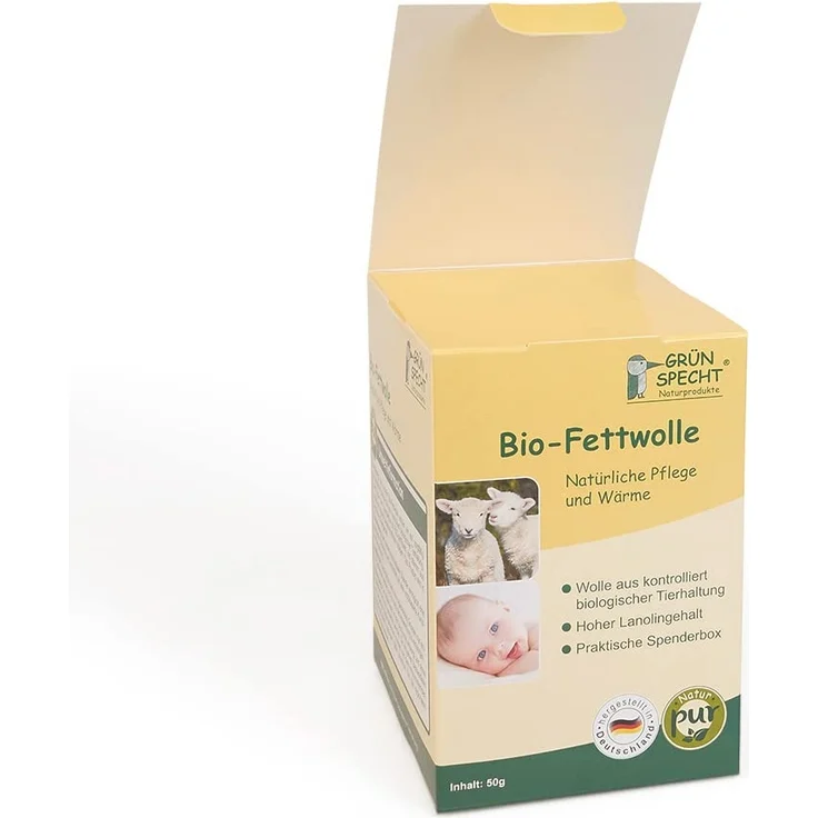 GRÜNSPECHT Bio-Fettwolle zur Pflege empfindlicher Babypopos und beanspruchter Brustwarzen, Schafwolle mit hohem Lanolingehalt, wiederverschließbare Spenderbox (638-00) – Bild 2