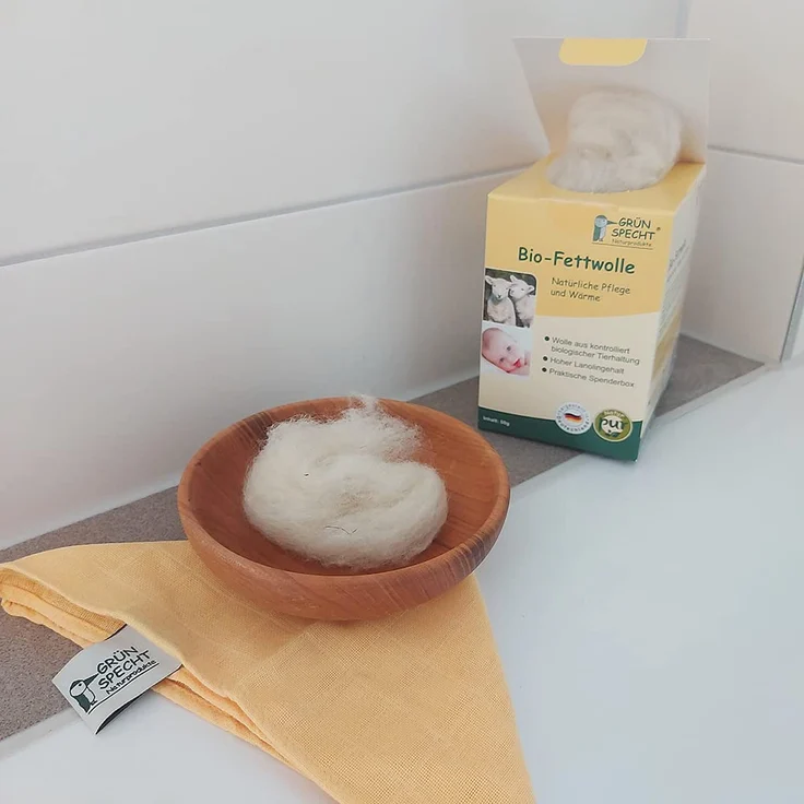 GRÜNSPECHT Bio-Fettwolle zur Pflege empfindlicher Babypopos und beanspruchter Brustwarzen, Schafwolle mit hohem Lanolingehalt, wiederverschließbare Spenderbox (638-00) – Bild 8
