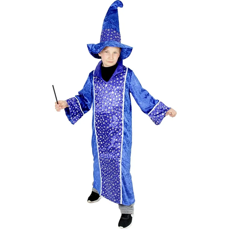 Foxxeo Blaues Zauberer Kostüm für Kinder Karneval Fasching Magier Merlin Party Jungen Mädchen Größe 122-128
