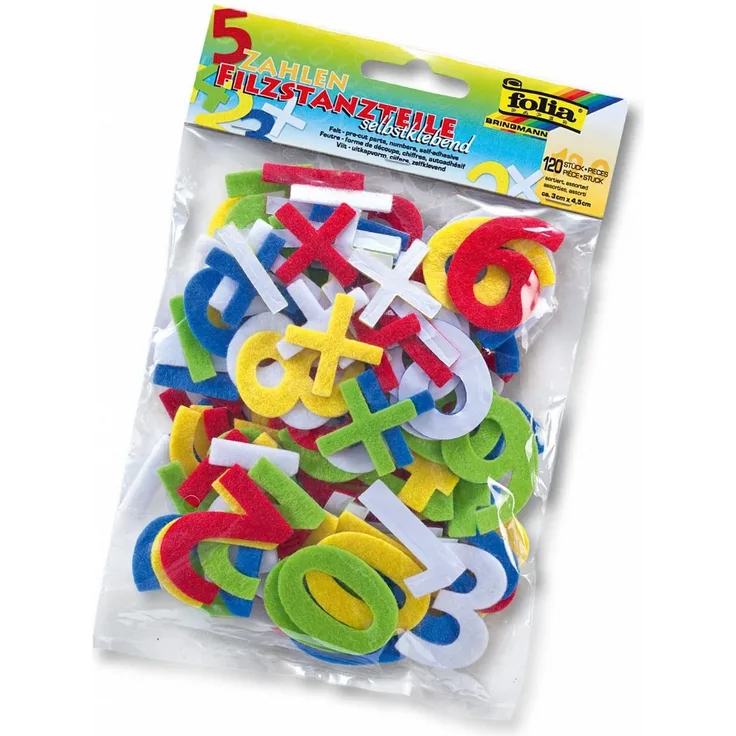 folia 5262 - Filzstanzteile Zahlen, selbstklebend, 120 Stück, farbig sortiert, je ca. 4,5 cm groß