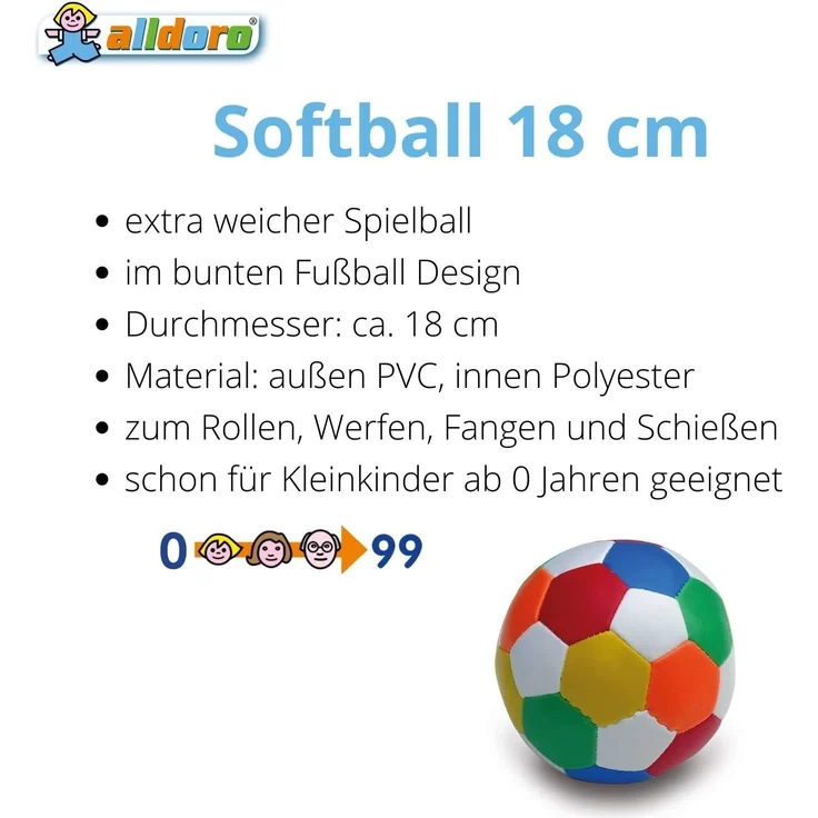 alldoro 60313 - Softball Ø 18 cm, Fußball in Mehrfarbig / bunt, Softfußball aus Schaumstoff, weicher Schaumstoffball, Kinderball für Drinnen und Draußen, Spielball für Kinder und Babys ab 0 Monaten – Bild 3