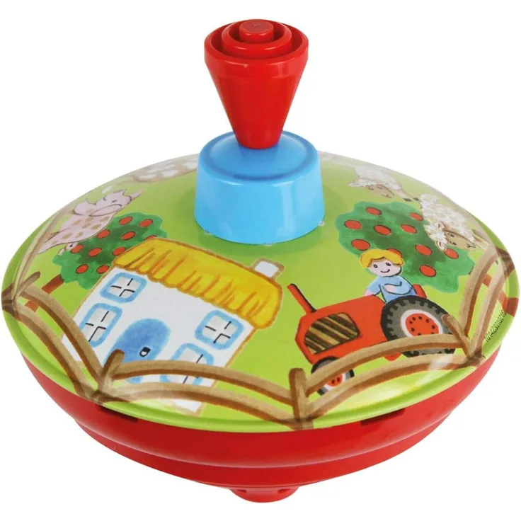Lena 52412 Brummkreisel Bauernhof Ø 13 cm, Metall Schwungkreisel aus Blech, klassischer Pumpkreisel, Blechkreisel mit Tier Motiv, Kreisel mit Standspitze, Spielzeugkreisel für Kinder ab 18 Monate