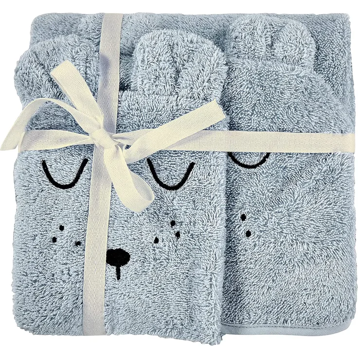 Alvi Frottier Set Kapuzenbadetuch & Waschhandschuh Faces hellblau