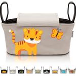 GRINSEZWERGE Kinderwagen Organizer 12 Motive mit Feuchttuchspender I Kinderwagen Tasche verschließbar I Kinder Buggy Organizer I Kinderwagentasche Aufbewahrungstasche Baby Stroller Bag grau Tiger