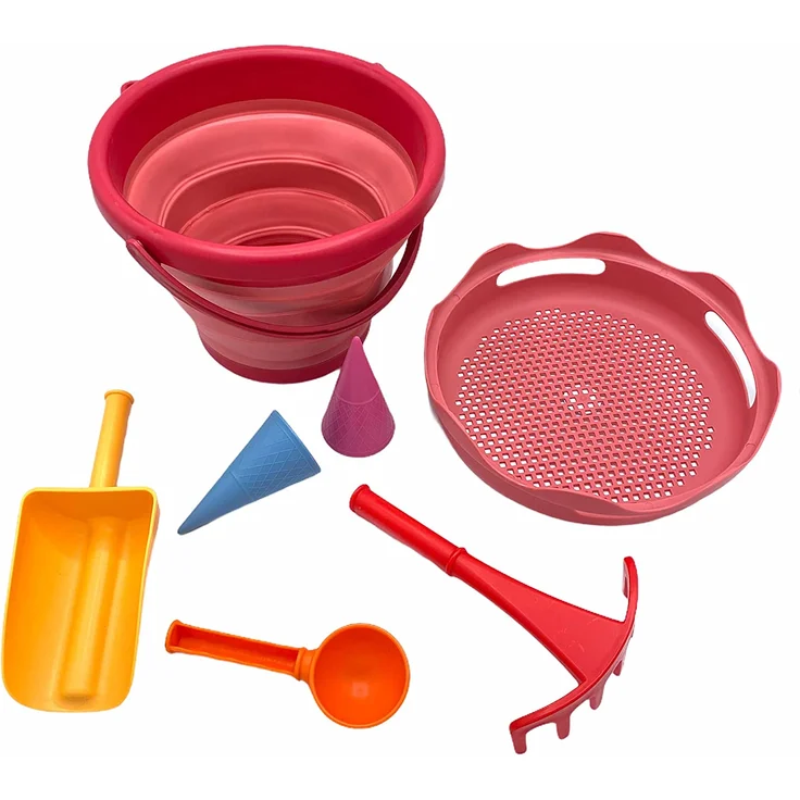 Schildkröt 7in1 Sand Toys Set, innovatives Sand-Spielset im Handtaschenformat, kompakt und platzsparend, faltbarer 3 Liter Eimer mit 6 Sandspielzeugen zum Graben, Formen, Sieben und Rechen, 970245 – Bild 1