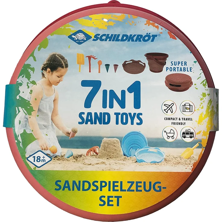 Schildkröt 7in1 Sand Toys Set, innovatives Sand-Spielset im Handtaschenformat, kompakt und platzsparend, faltbarer 3 Liter Eimer mit 6 Sandspielzeugen zum Graben, Formen, Sieben und Rechen, 970245 – Bild 6