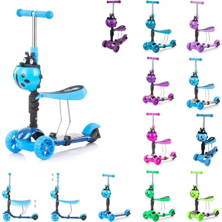 Chipolino Kinderroller, Rutscher Kiddy 2 in 1 Höhe einstellbar 3 Räder mit Licht blau schwarz