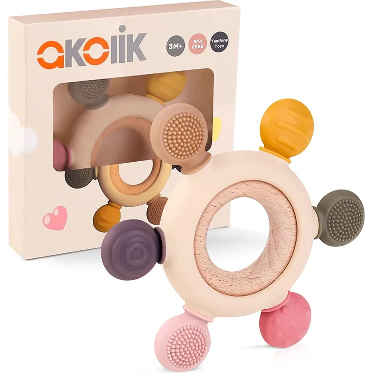 akolik Beißring für Babys, Baby Zahnen Spielzeug Beißring aus Silikon, Ruder Greifling Beißspielzeug, BPA-frei Zahnen Nursing Zubehör für 3+ Monate Babys Kleinkinder - Preisvergleich