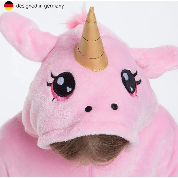 corimori - Rose das Einhorn Kinder Jungen Mädchen Onesie Jumpsuit Anzug Kostüm Verkleidung (Gr. 130-150 cm), Rosa – Bild 5