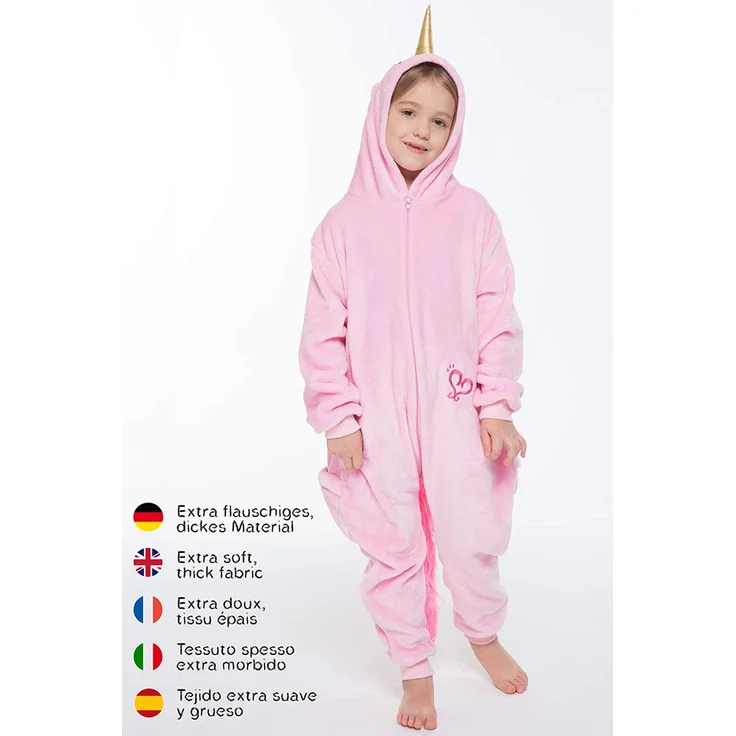 corimori - Rose das Einhorn Kinder Jungen Mädchen Onesie Jumpsuit Anzug Kostüm Verkleidung (Gr. 130-150 cm), Rosa – Bild 2