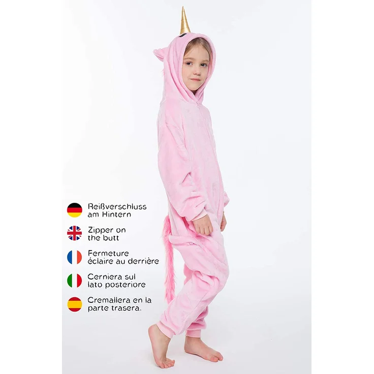 corimori - Rose das Einhorn Kinder Jungen Mädchen Onesie Jumpsuit Anzug Kostüm Verkleidung (Gr. 130-150 cm), Rosa – Bild 3