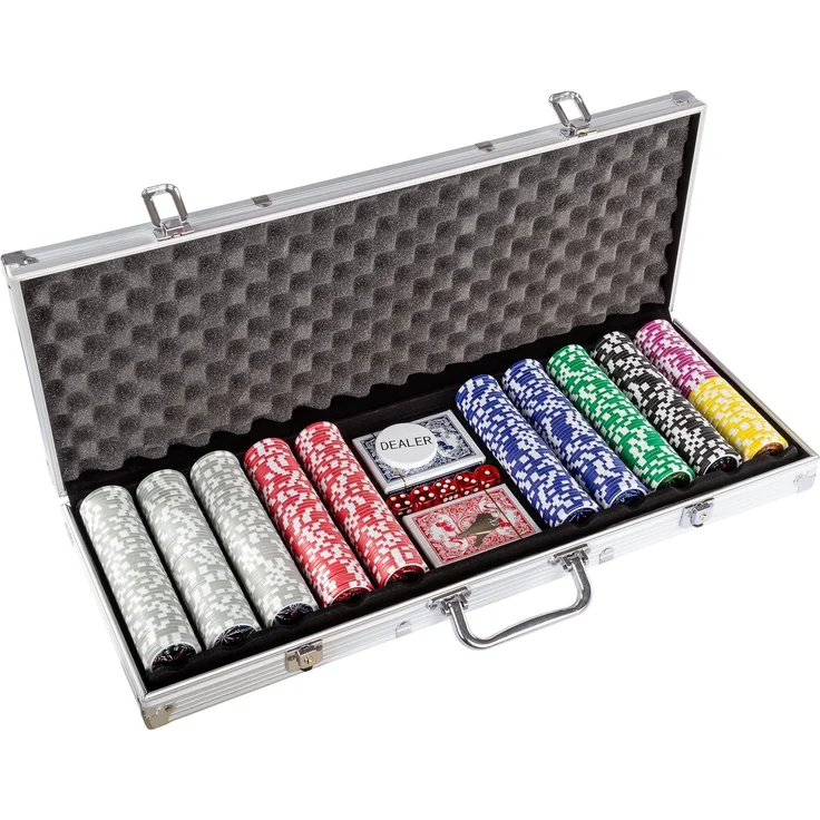 Ultimate Pokerset mit 500 hochwertigen 12 Gramm METALLKERN Laserchips, inkl. 2x Pokerdecks, Alu Pokerkoffer, 5x Würfel, 1x Dealer Button, Poker, Set, Pokerchips, Koffer, Jetons – Bild 2