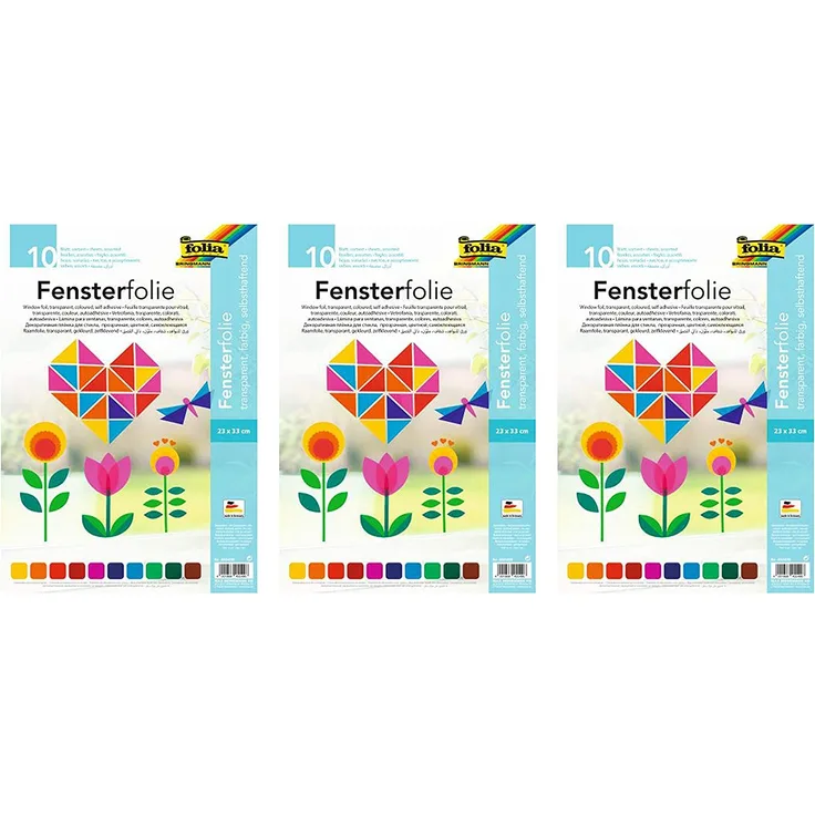 folia 455409 - Fensterfolie, selbsthaftend, transparent, farbig sortiert, ca. 23 x 33cm, 10 Blatt - ideal zur Gestaltung von Fensterbildern